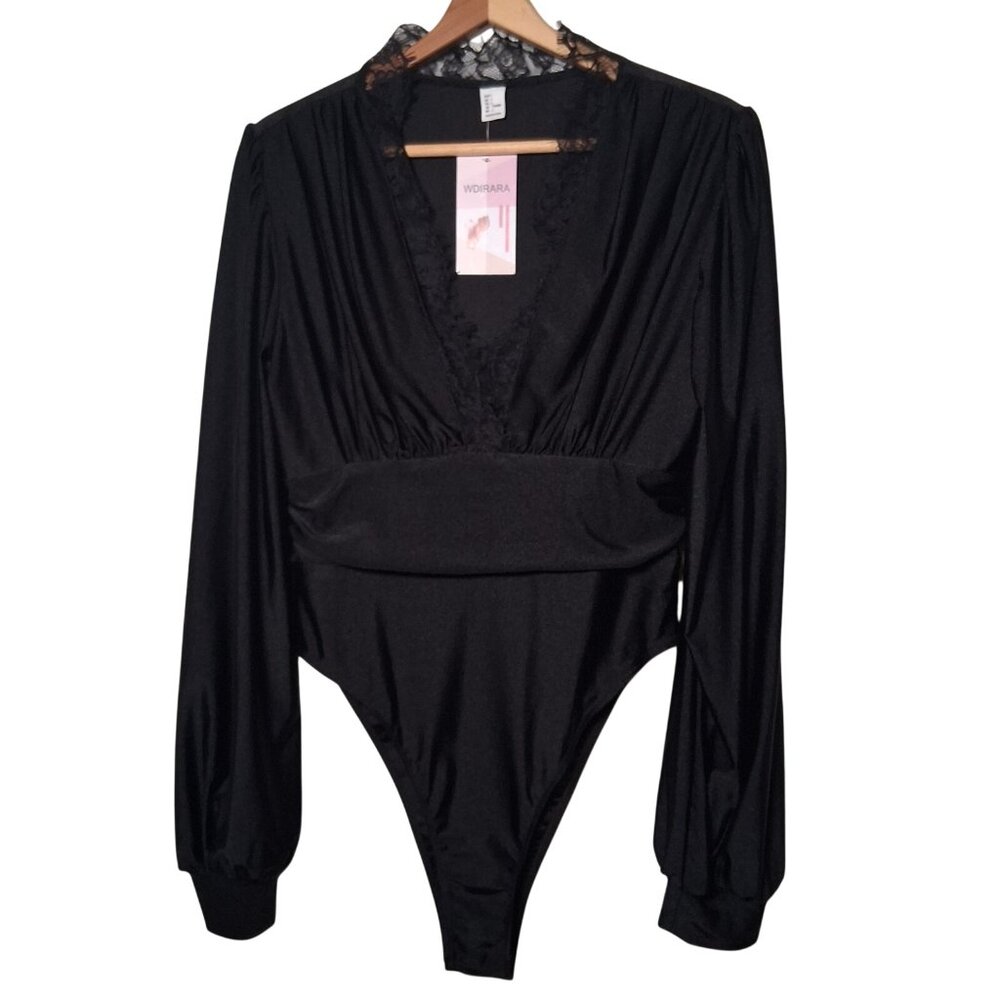 WDIRARA Bodysuit Women Large Black Long Sleeve V Neck Lace Trim Stretch NEW